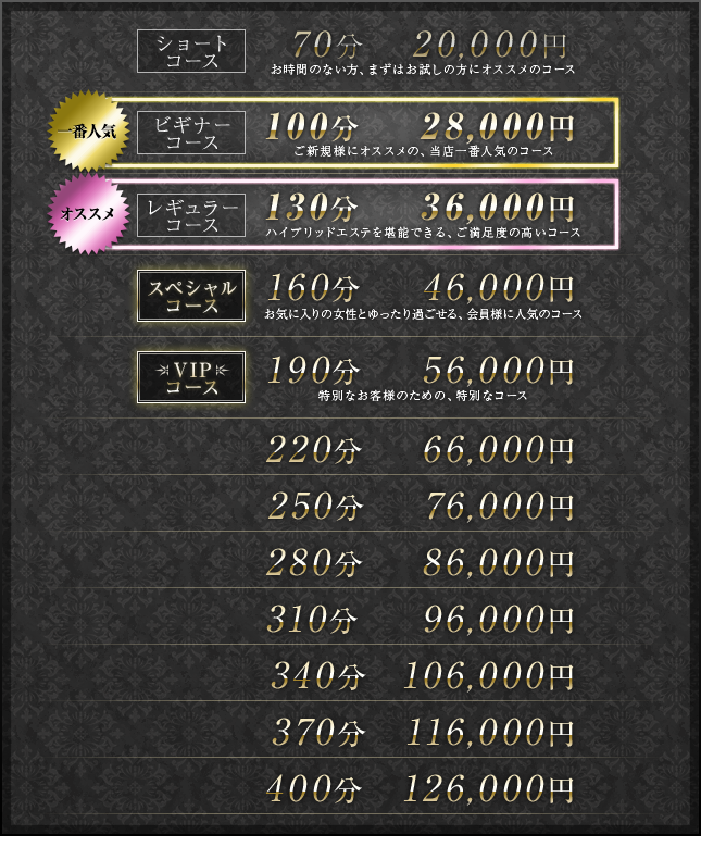 70分20,000円、100分28,000円、130分36,000円、160分46,000円、190分56,000円、220分66,000円、250分76,000円、280分86,000円、310分96,000円、340分106,000円、370分116,000円、400分126,000円
